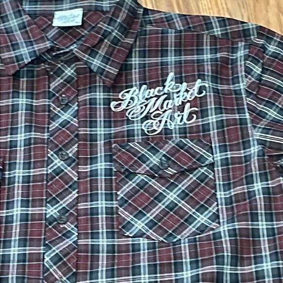 Men’s Dead End Black Market Art Skull Shirt, short sleeve button up plaid, XL - Picture 5 of 8